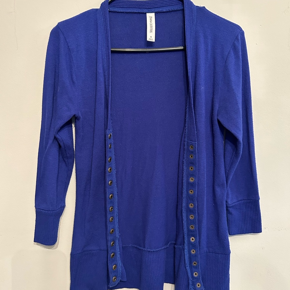 Blueberry royal blue gold grommet button snap cardigan sweater